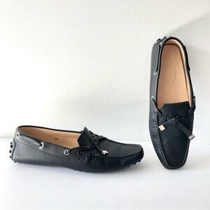 Tod's Black Leather Flats with Silver Accents